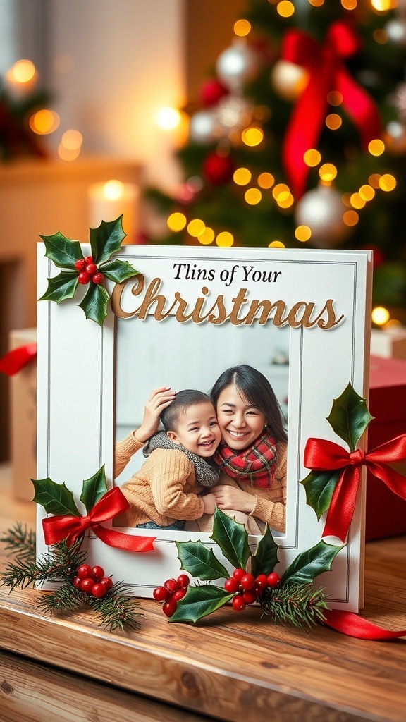 A personalized Christmas card with a family photo, decorated with holly and ribbons, next to a Christmas tree.